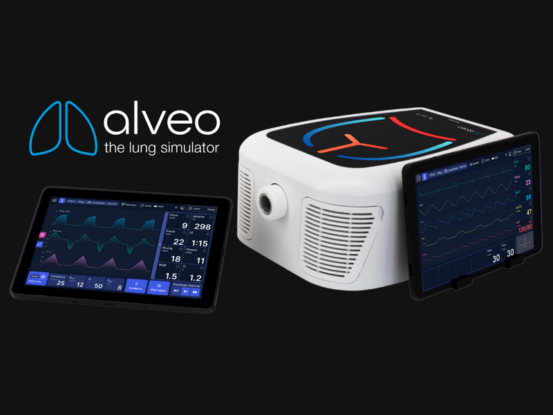alveo, the lung simulator, with two tablets showing ventilation waveforms and parameters
